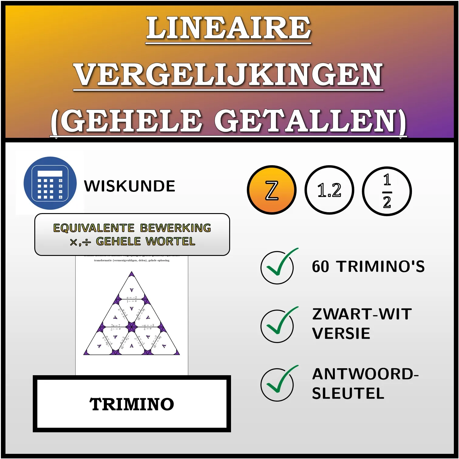 Trimino: Lineaire vergelijkingen (gehele getallen), equivalente transformatie (vermenigvuldigen, delen), gehele oplossing