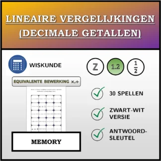 Memory: Lineaire vergelijkingen (decimale getallen), equivalente transformatie (vermenigvuldigen, delen)
