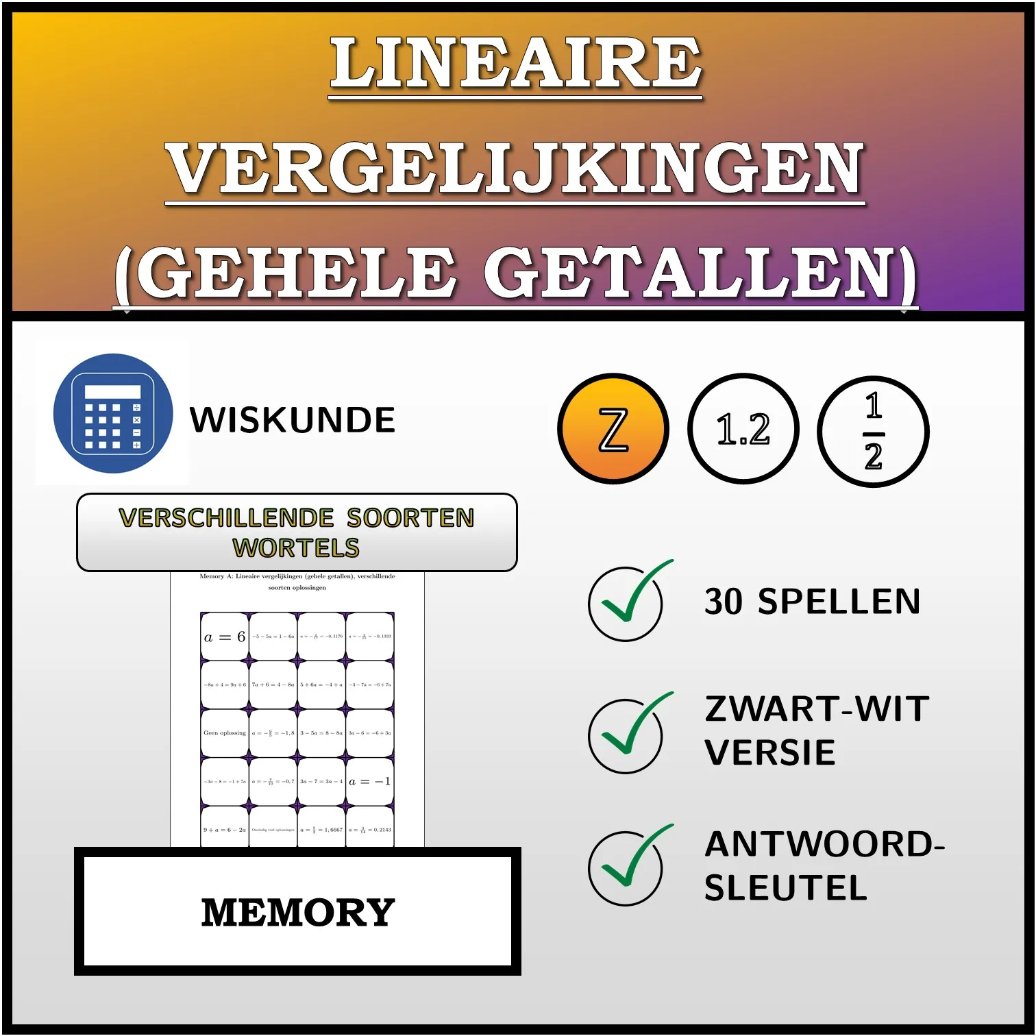 Memory: Lineaire vergelijkingen (gehele getallen), verschillende soorten oplossingen