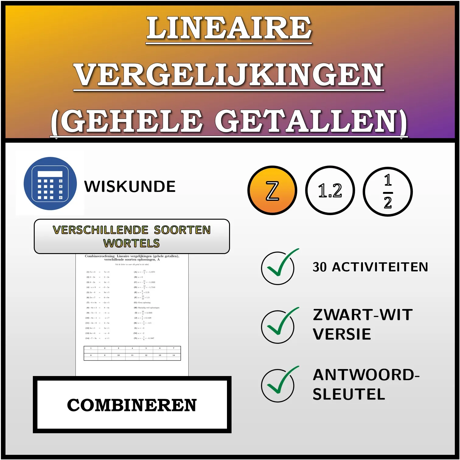Combineeroefening: Lineaire vergelijkingen (gehele getallen), verschillende soorten oplossingen