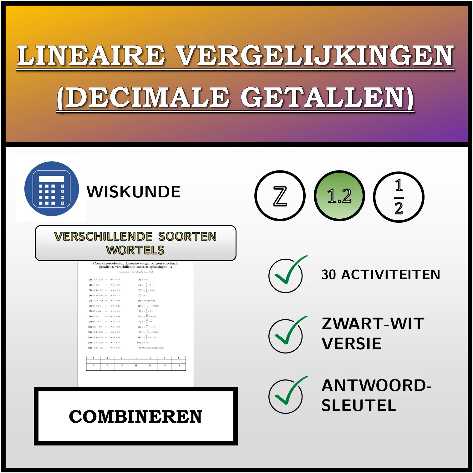 Combineeroefening: Lineaire vergelijkingen (decimale getallen), verschillende soorten oplossingen