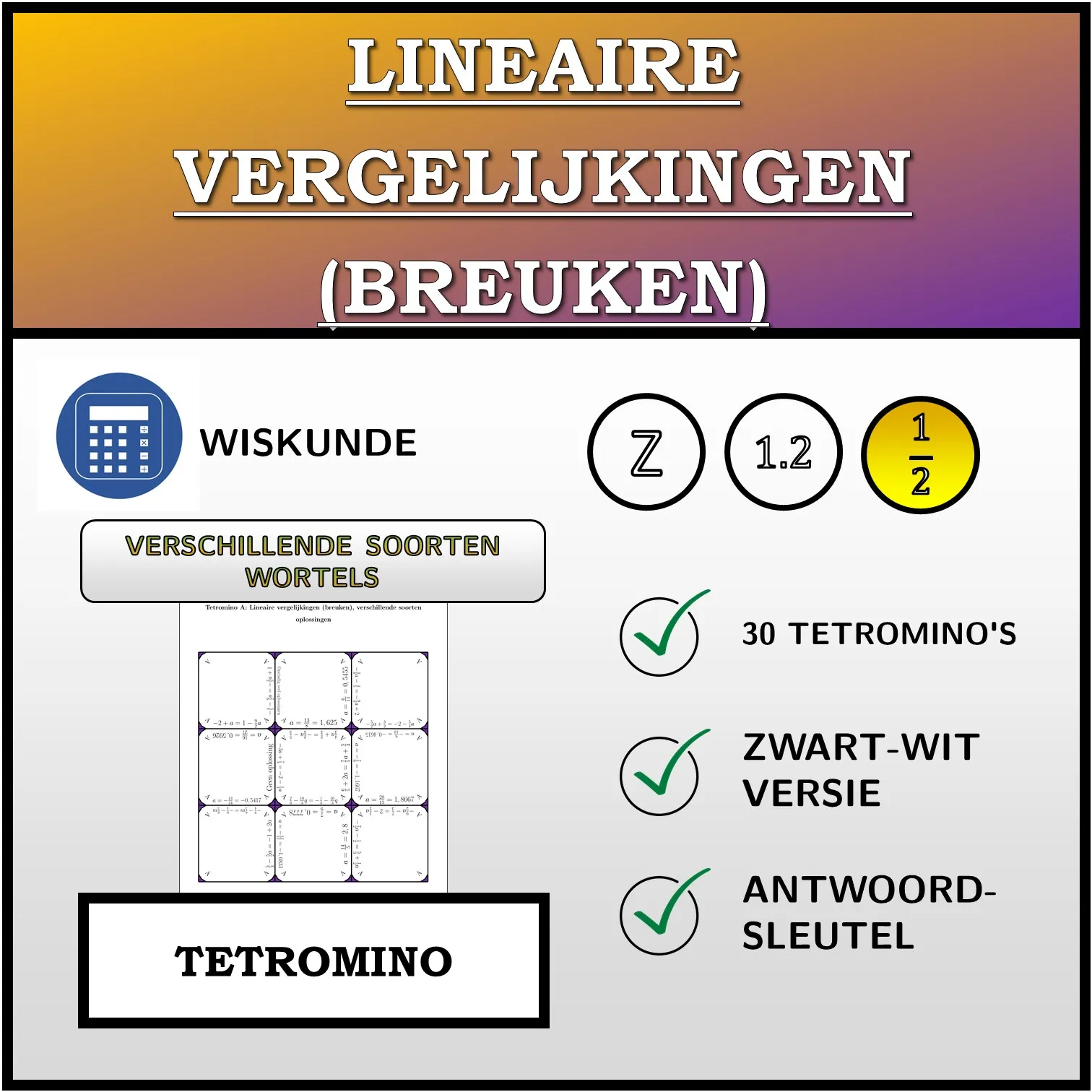 Tetromino: Lineaire vergelijkingen (breuken), verschillende soorten oplossingen
