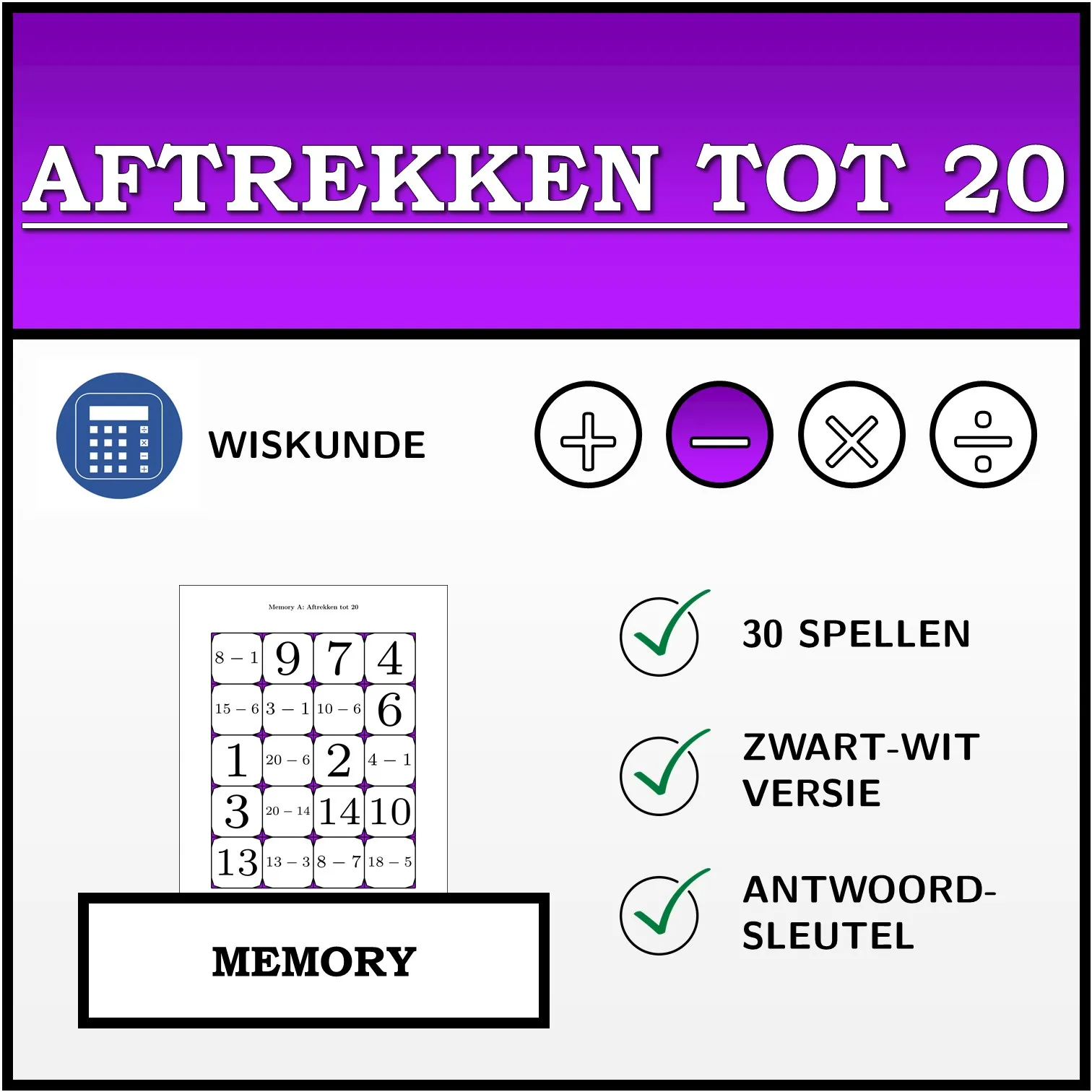 Memory: Aftrekken tot 20