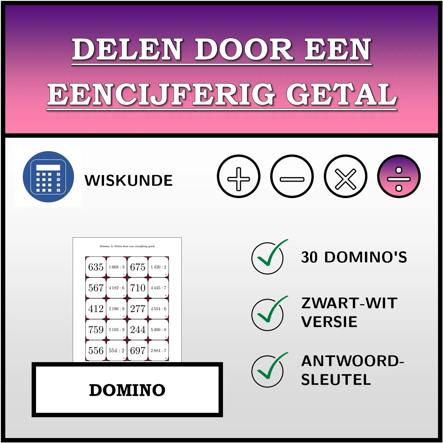 Domino: Delen door een eencijferig getal