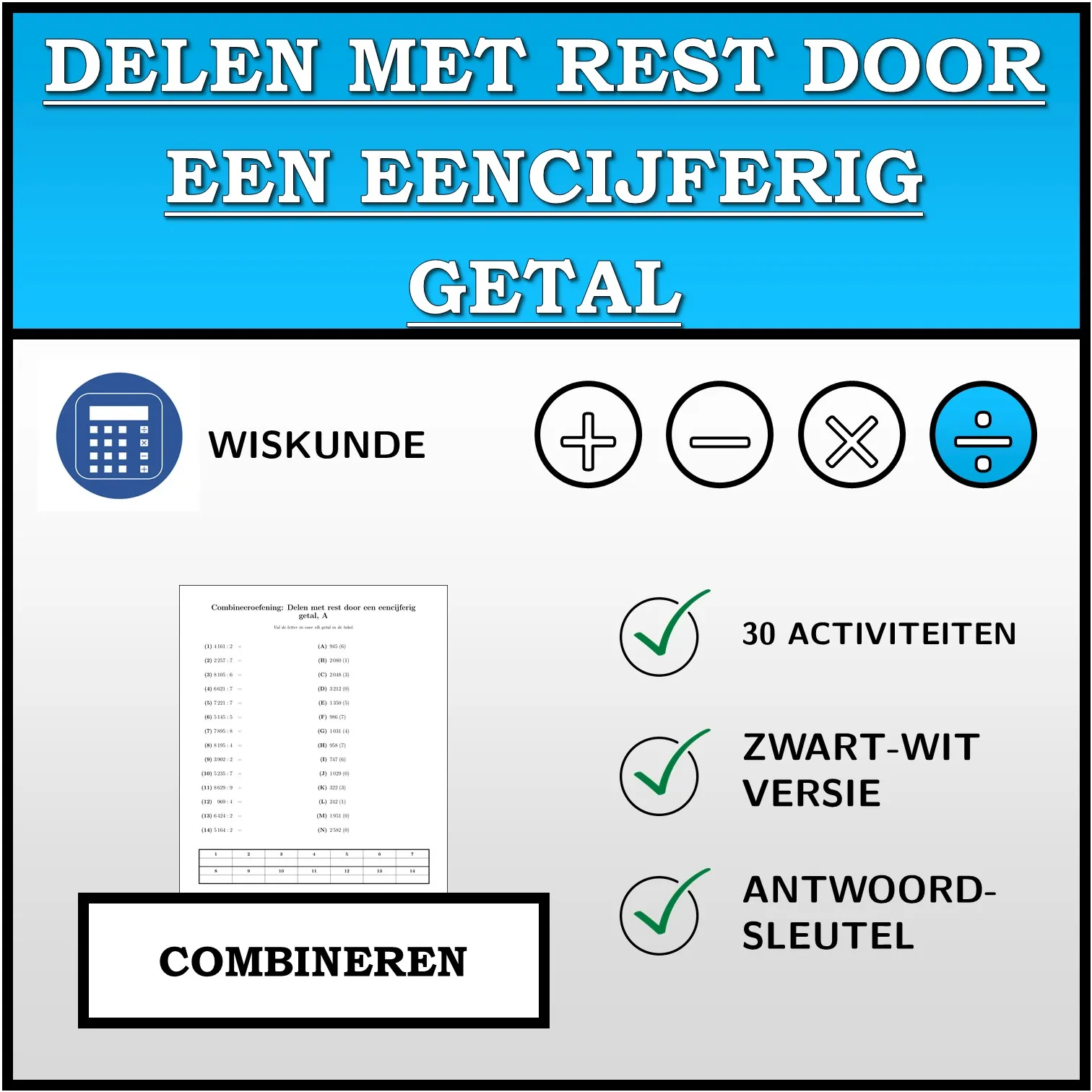 Combineeroefening: Delen met rest door een eencijferig getal