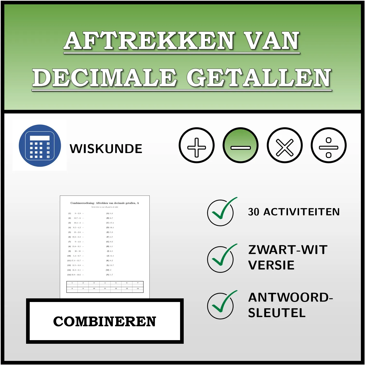 Combineeroefening: Aftrekken van decimale getallen