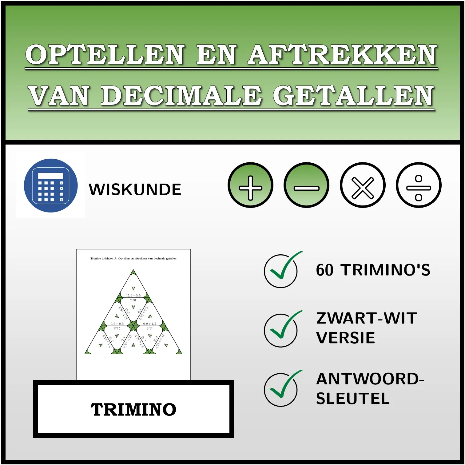 Trimino: Optellen en aftrekken van decimale getallen