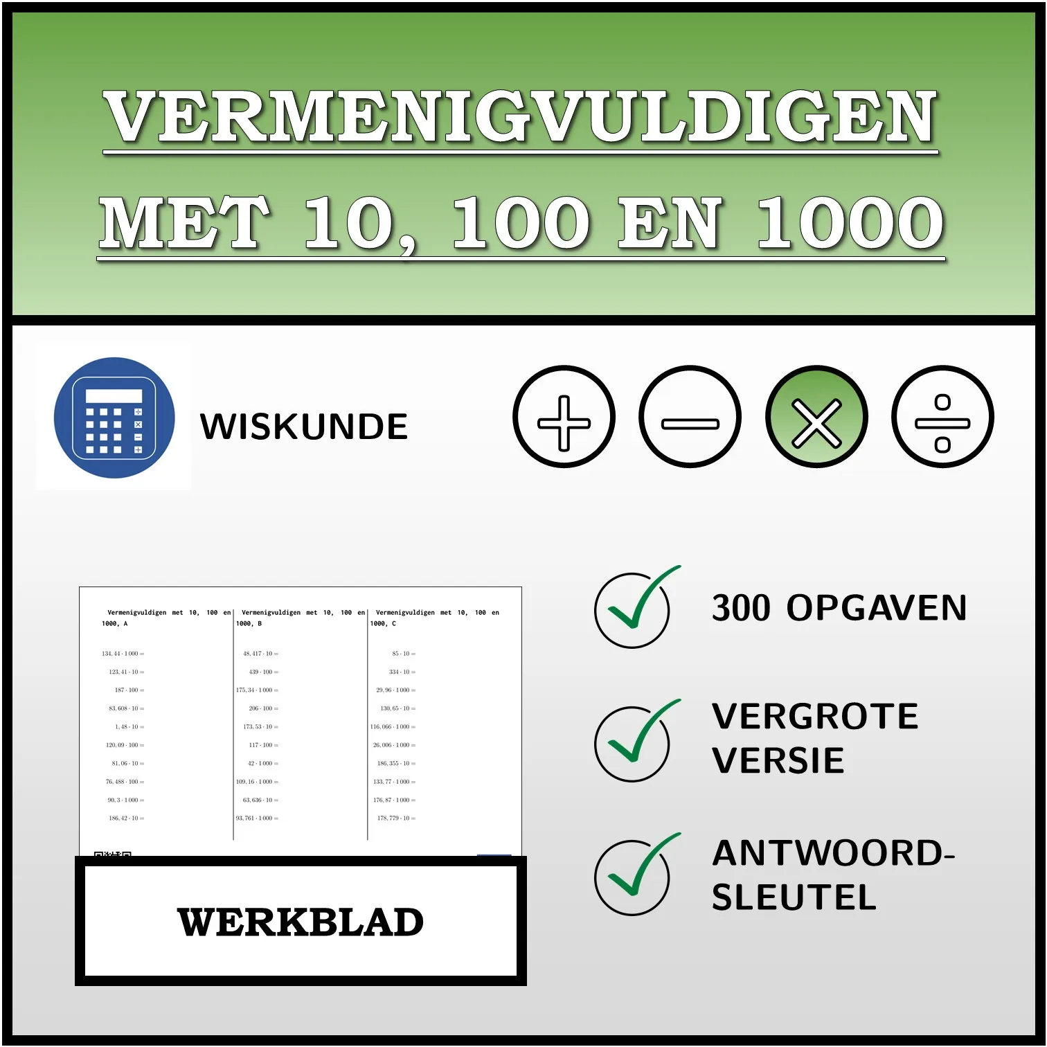 Werkblad: Vermenigvuldigen met 10, 100 en 1000
