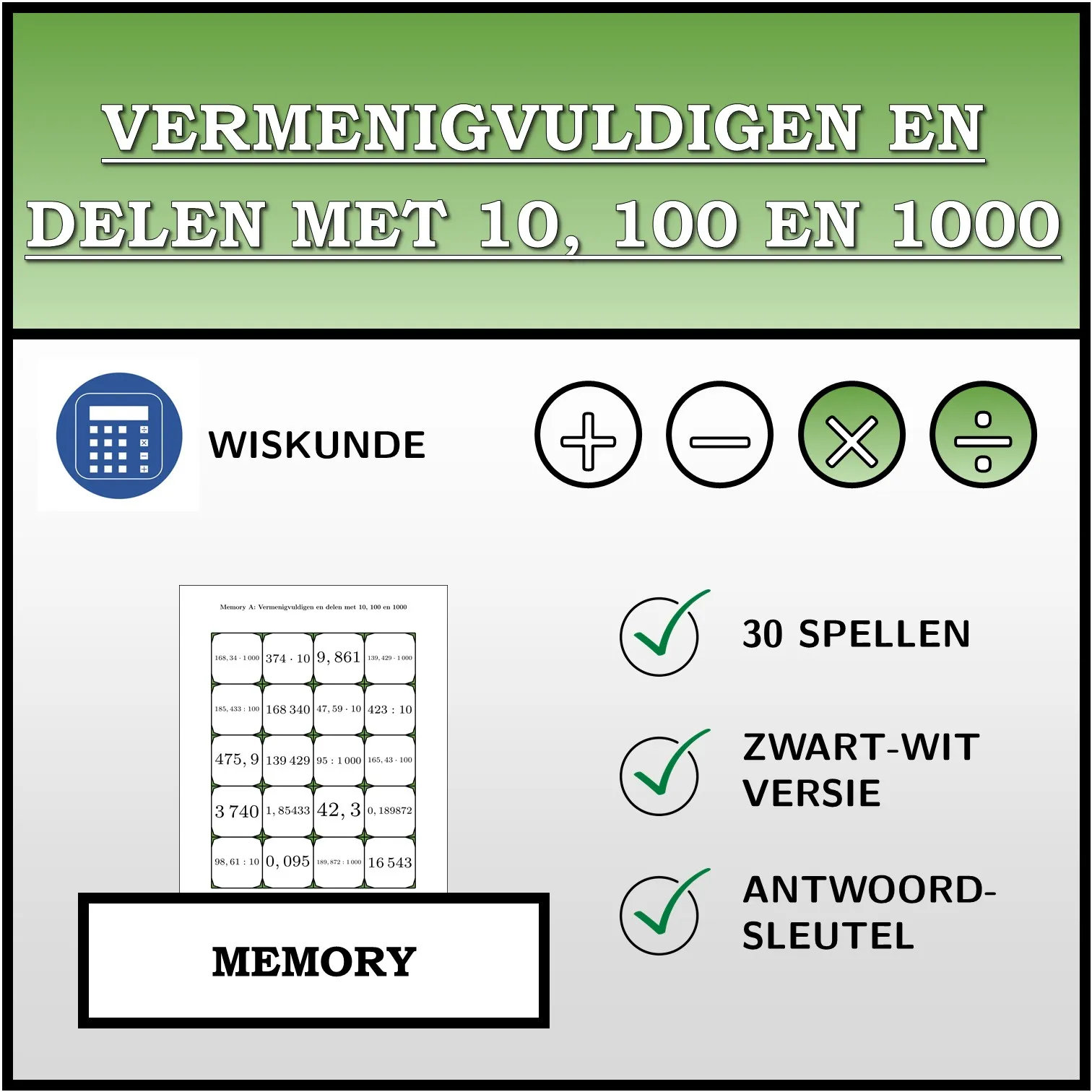 Memory: Vermenigvuldigen en delen met 10, 100 en 1000