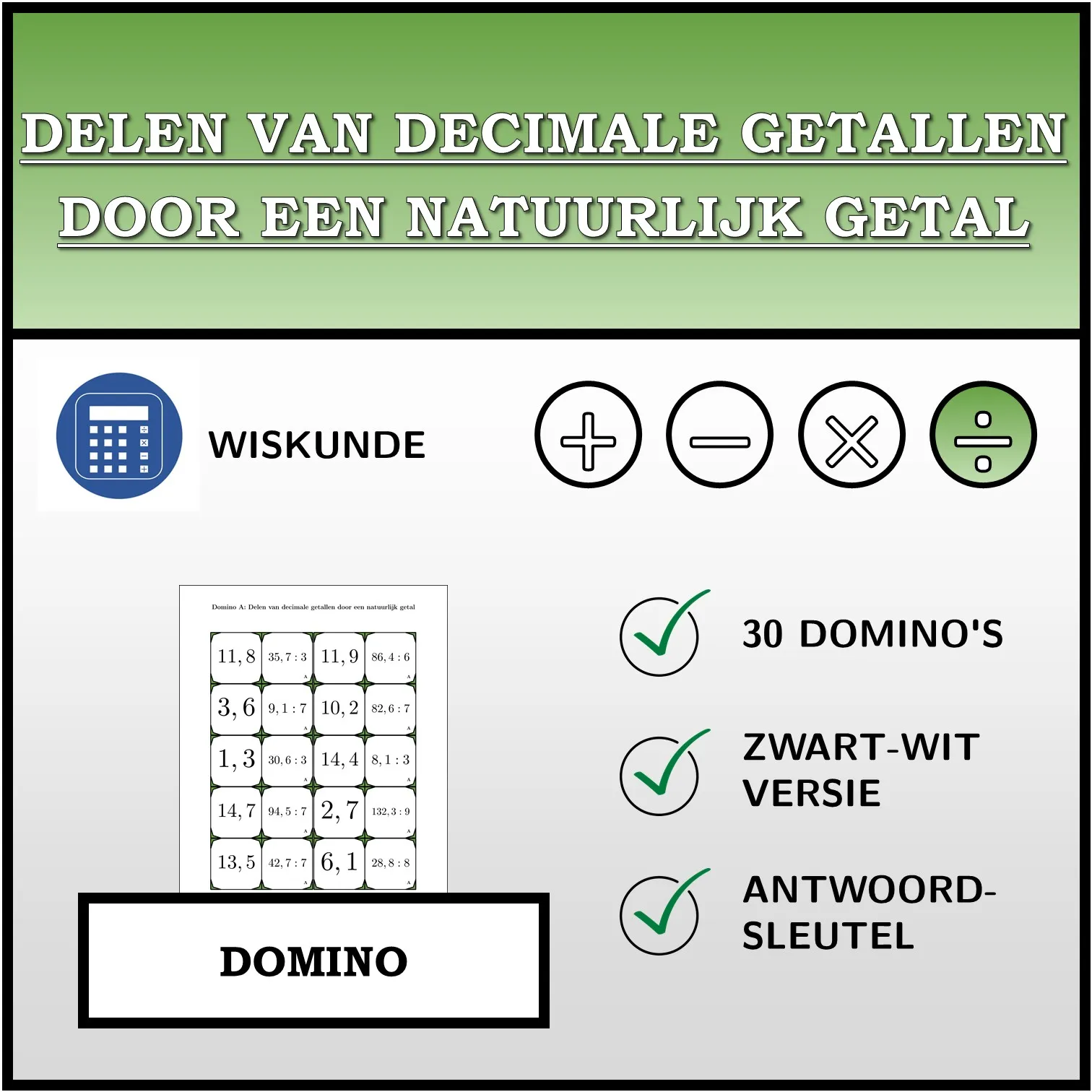 Domino: Delen van decimale getallen door een natuurlijk getal
