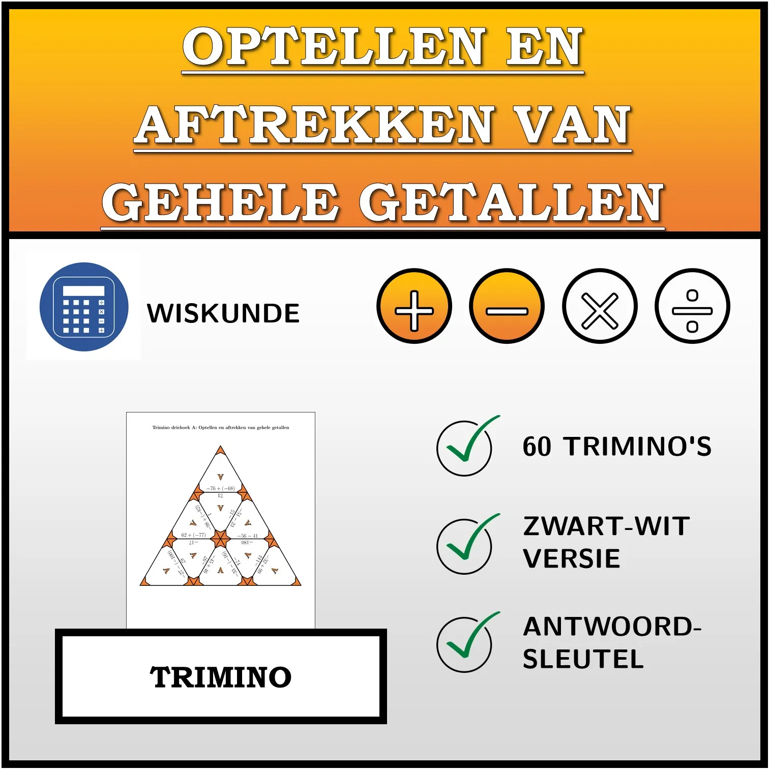 Trimino: Optellen en aftrekken van gehele getallen