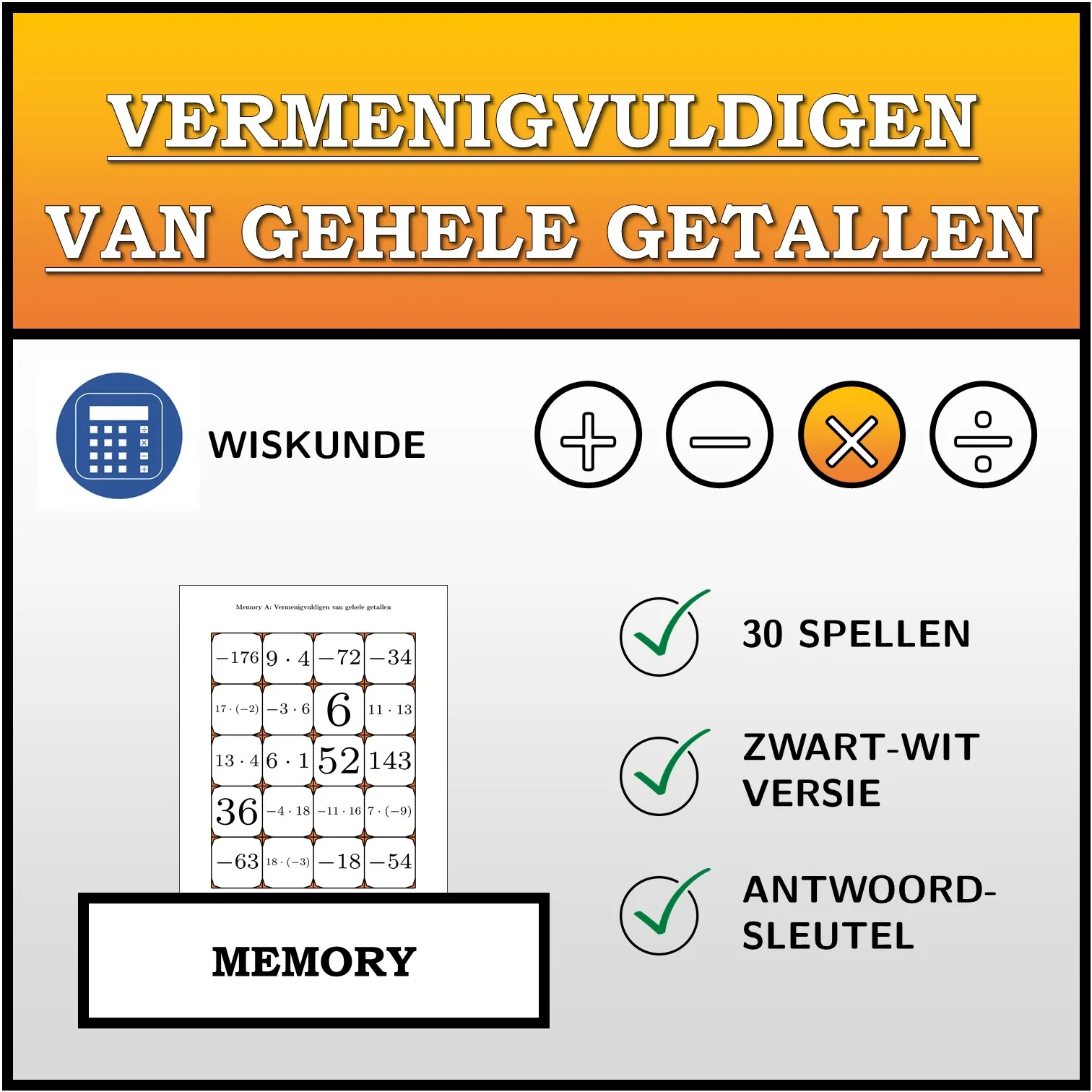 Memory: Vermenigvuldigen van gehele getallen