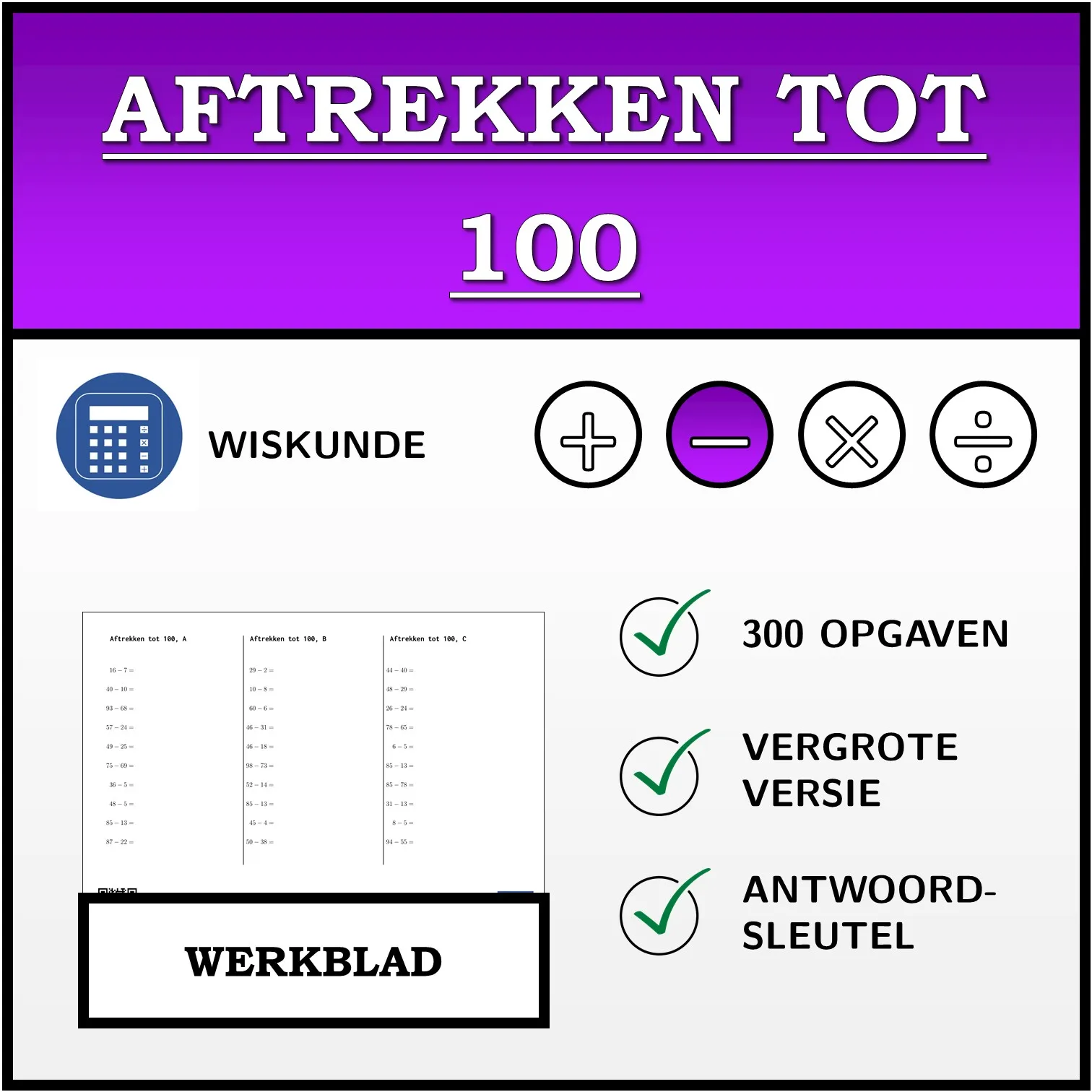 Werkblad: Aftrekken tot 100