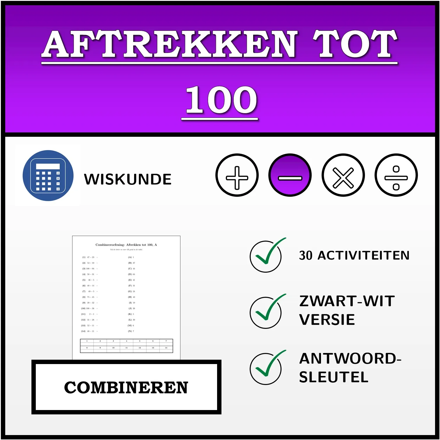 Combineeroefening: Aftrekken tot 100