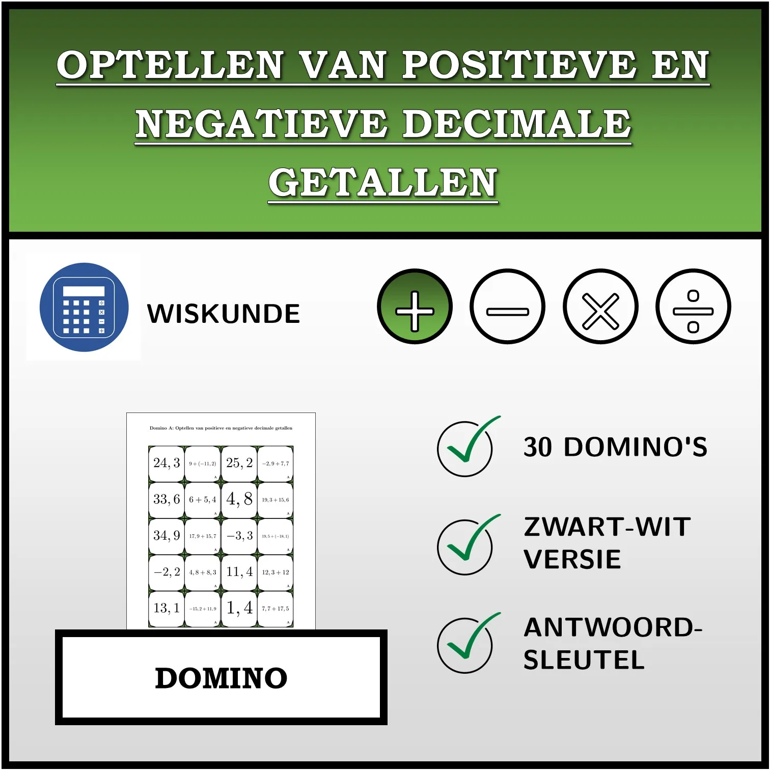 Domino: Optellen van positieve en negatieve decimale getallen