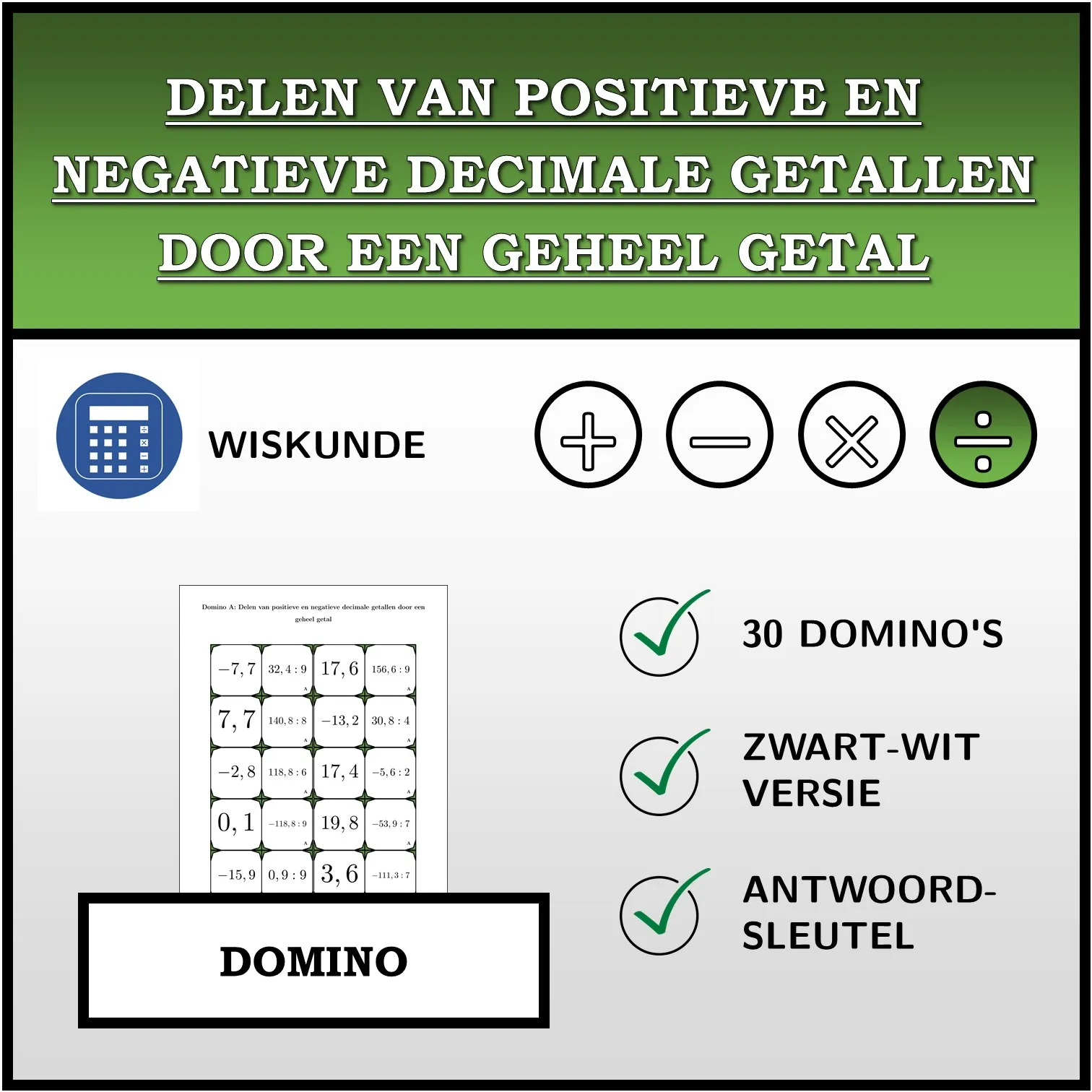 Domino: Delen van positieve en negatieve decimale getallen door een geheel getal