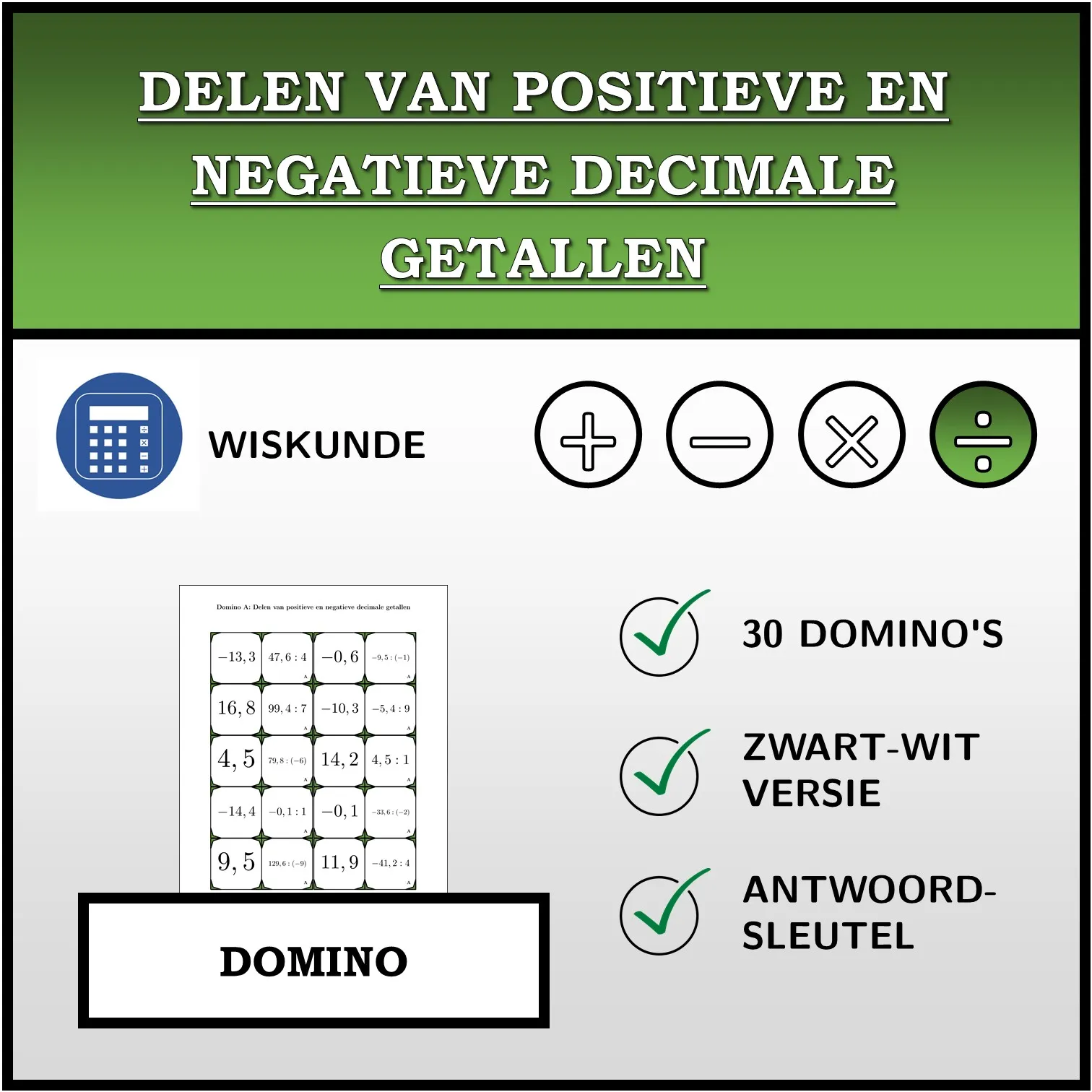 Domino: Delen van positieve en negatieve decimale getallen