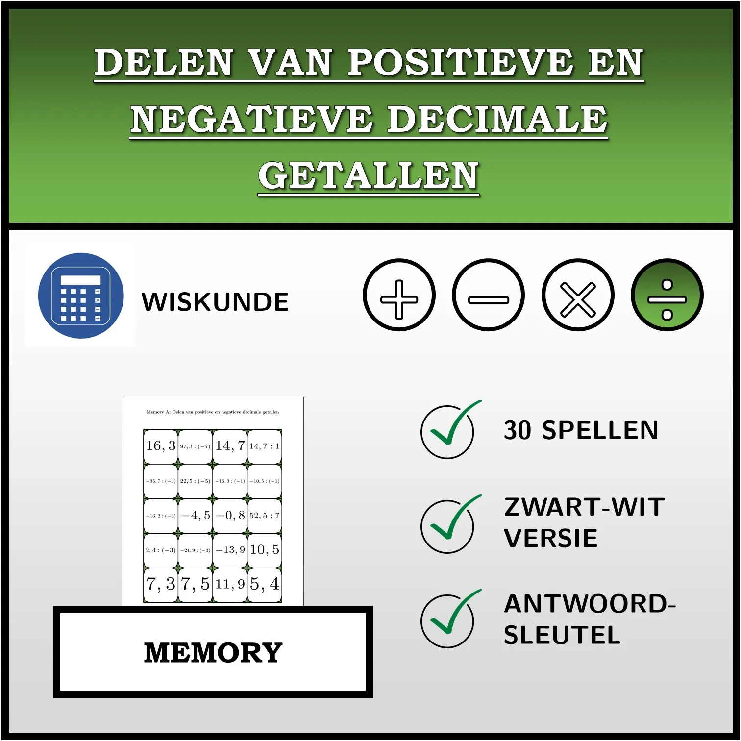 Memory: Delen van positieve en negatieve decimale getallen
