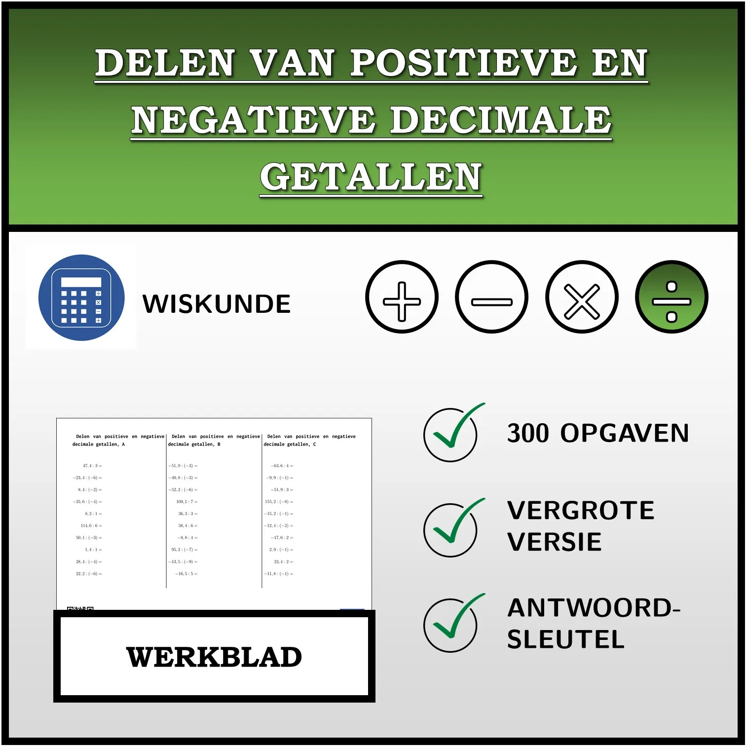 Werkblad: Delen van positieve en negatieve decimale getallen