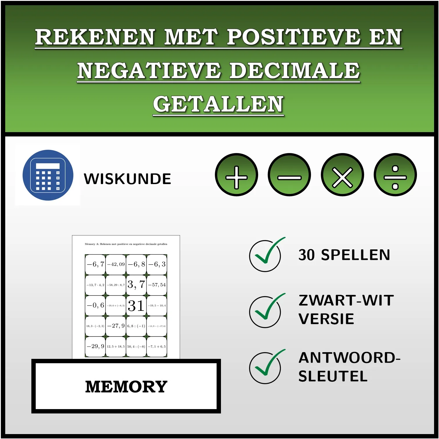 Memory: Rekenen met positieve en negatieve decimale getallen