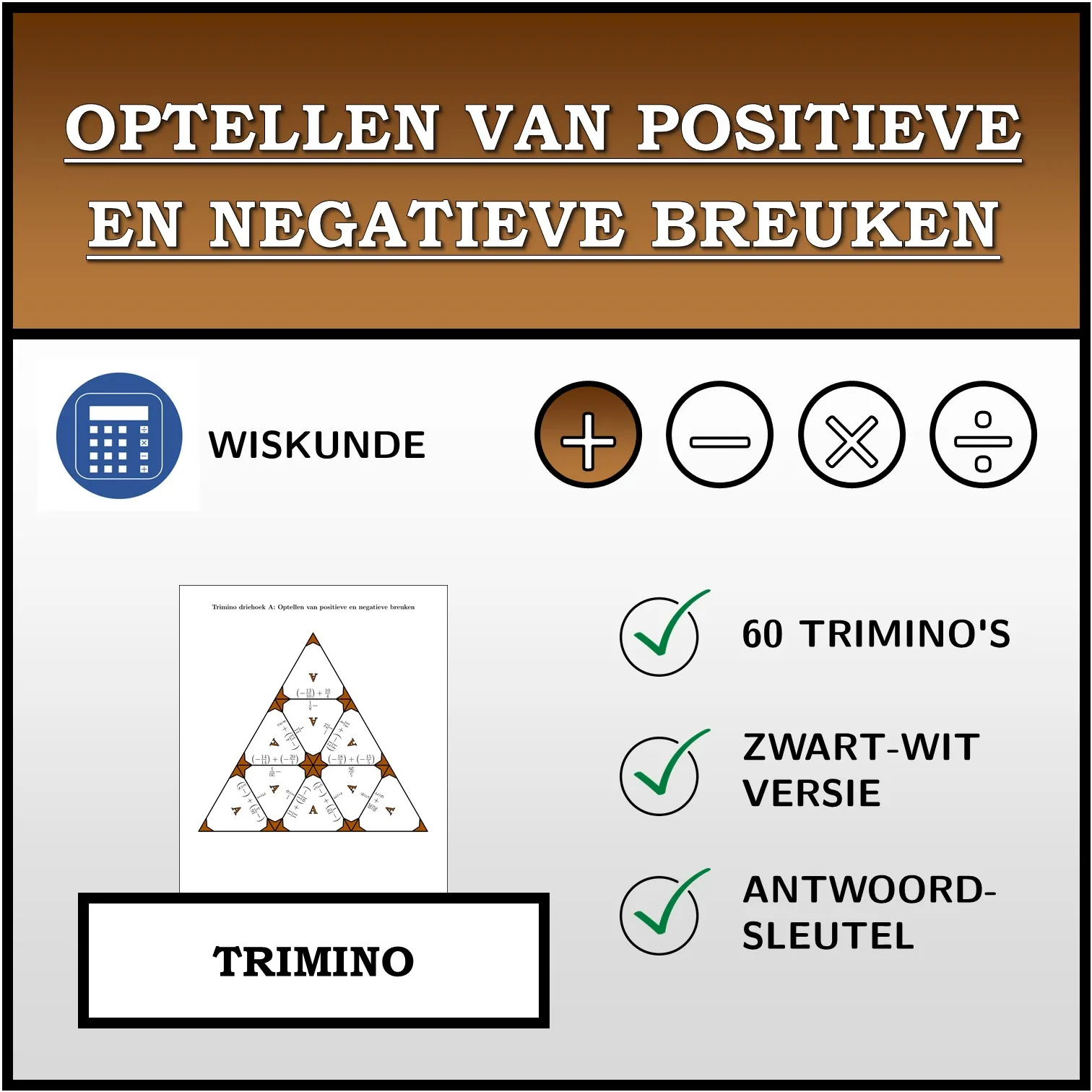 Trimino: Optellen van positieve en negatieve breuken