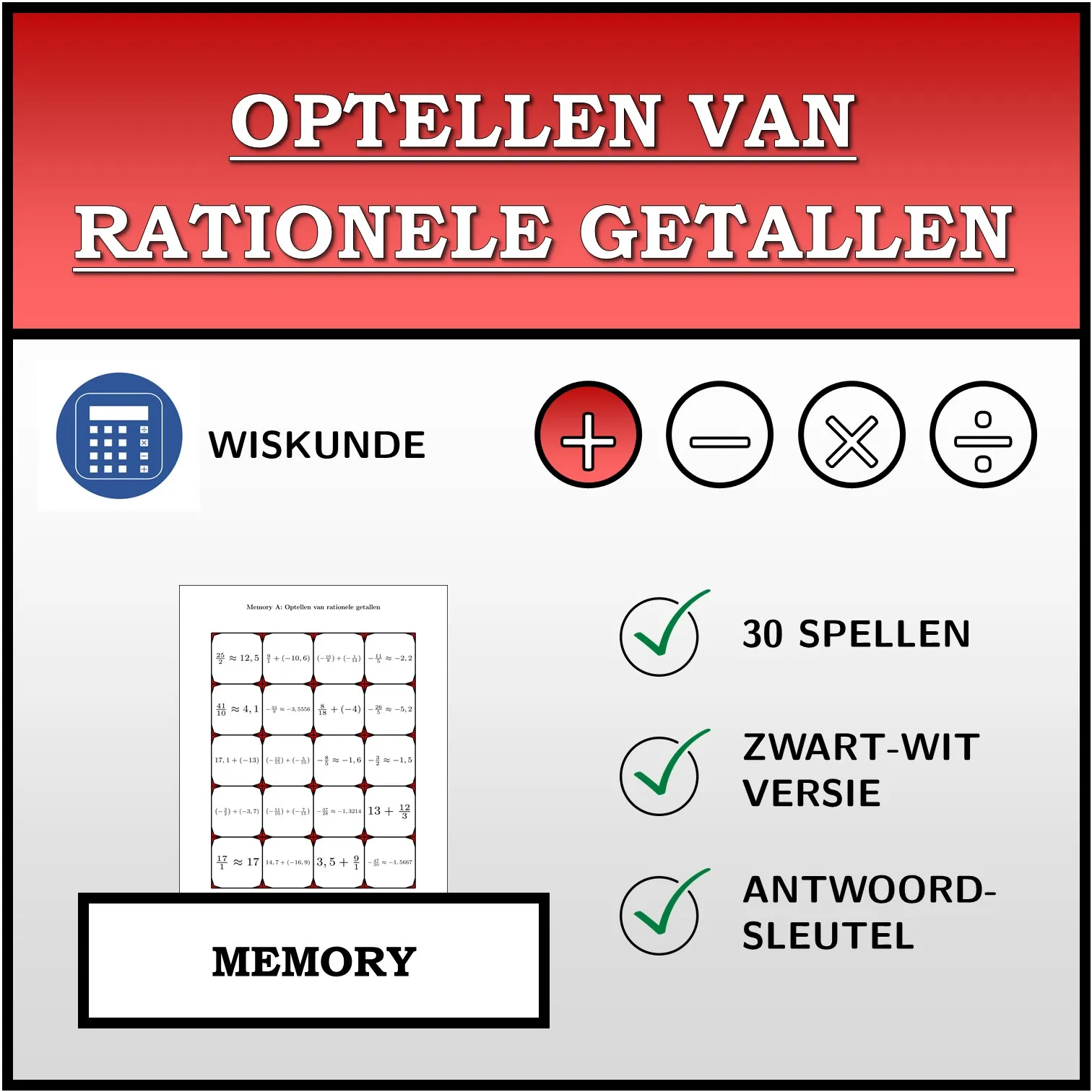 Memory: Optellen van rationele getallen