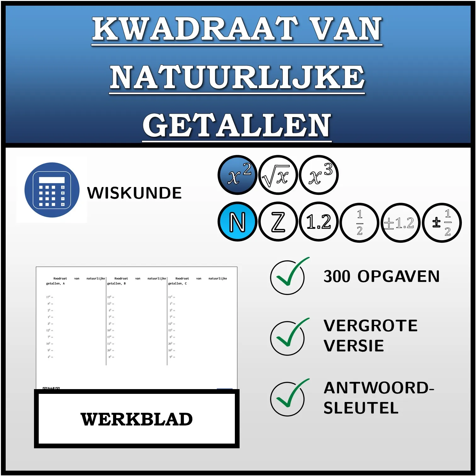 Werkblad: Kwadraat van natuurlijke getallen