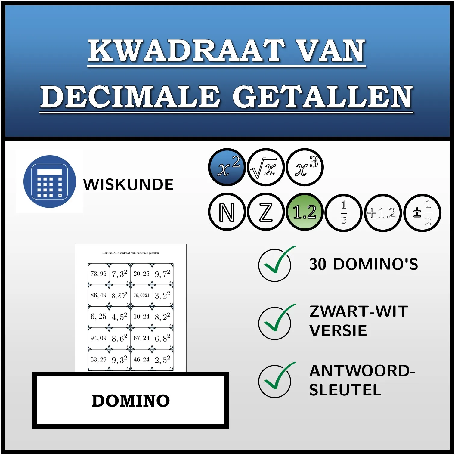 Domino: Kwadraat van decimale getallen