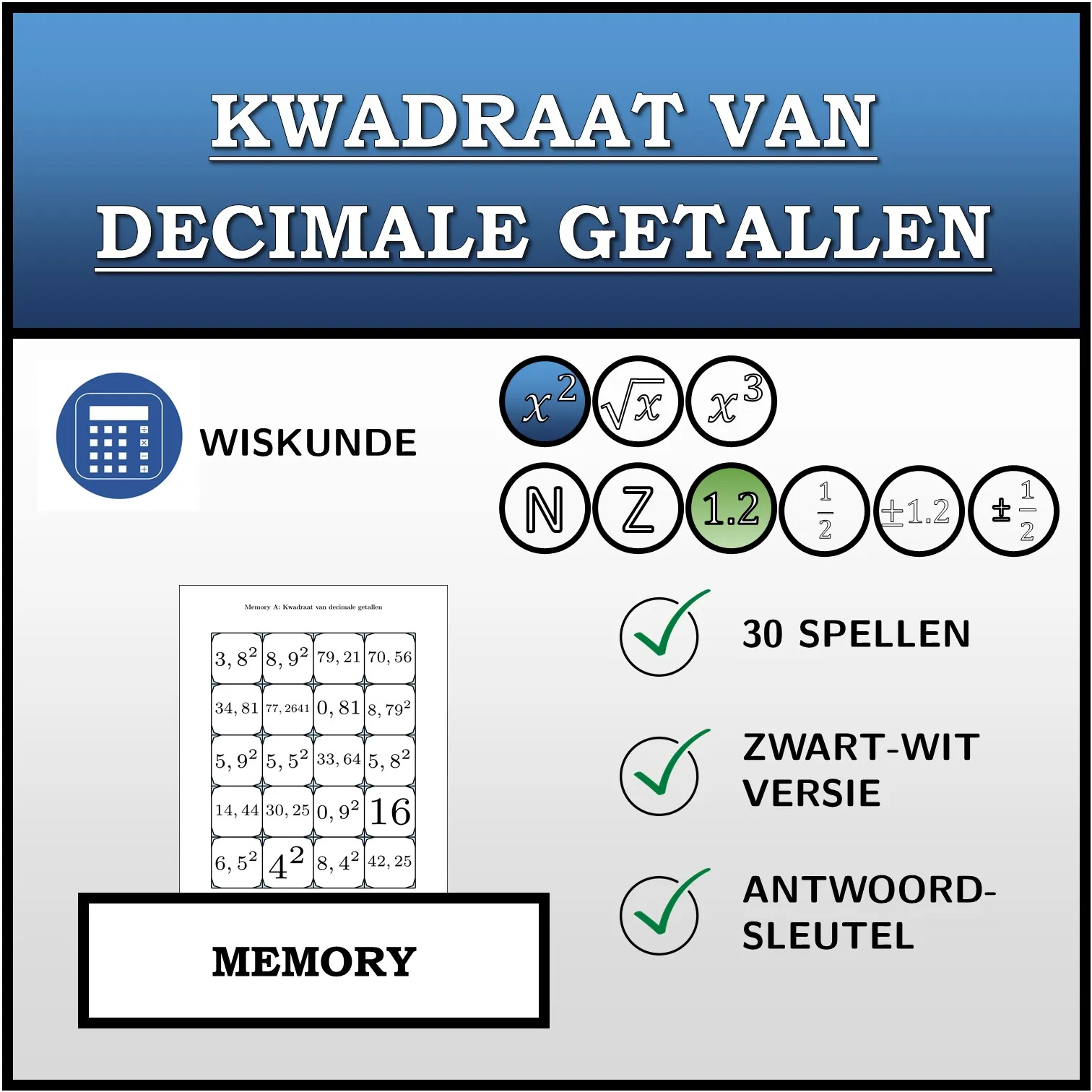 Memory: Kwadraat van decimale getallen