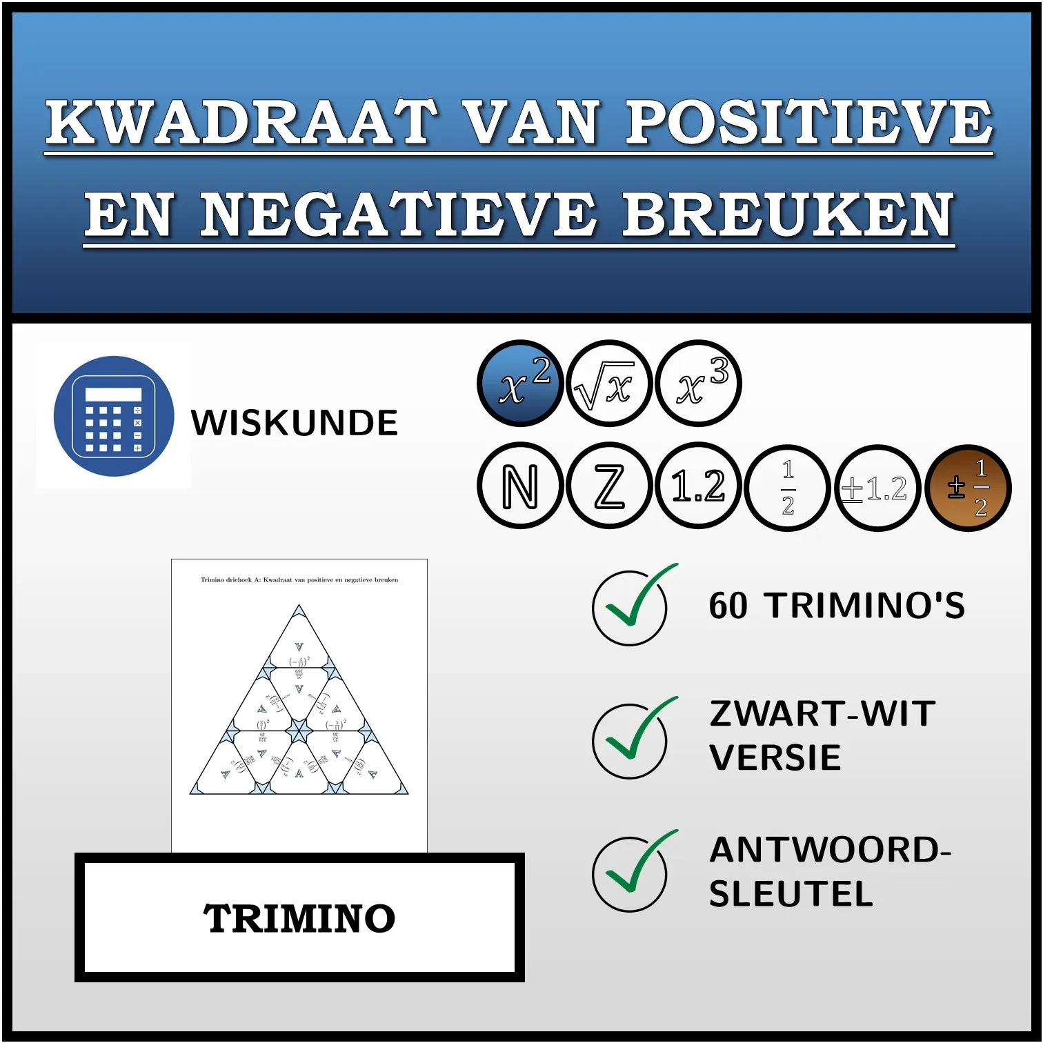Trimino: Kwadraat van positieve en negatieve breuken
