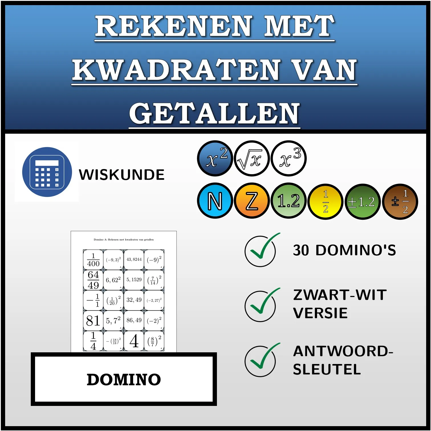 Domino: Rekenen met kwadraten van getallen
