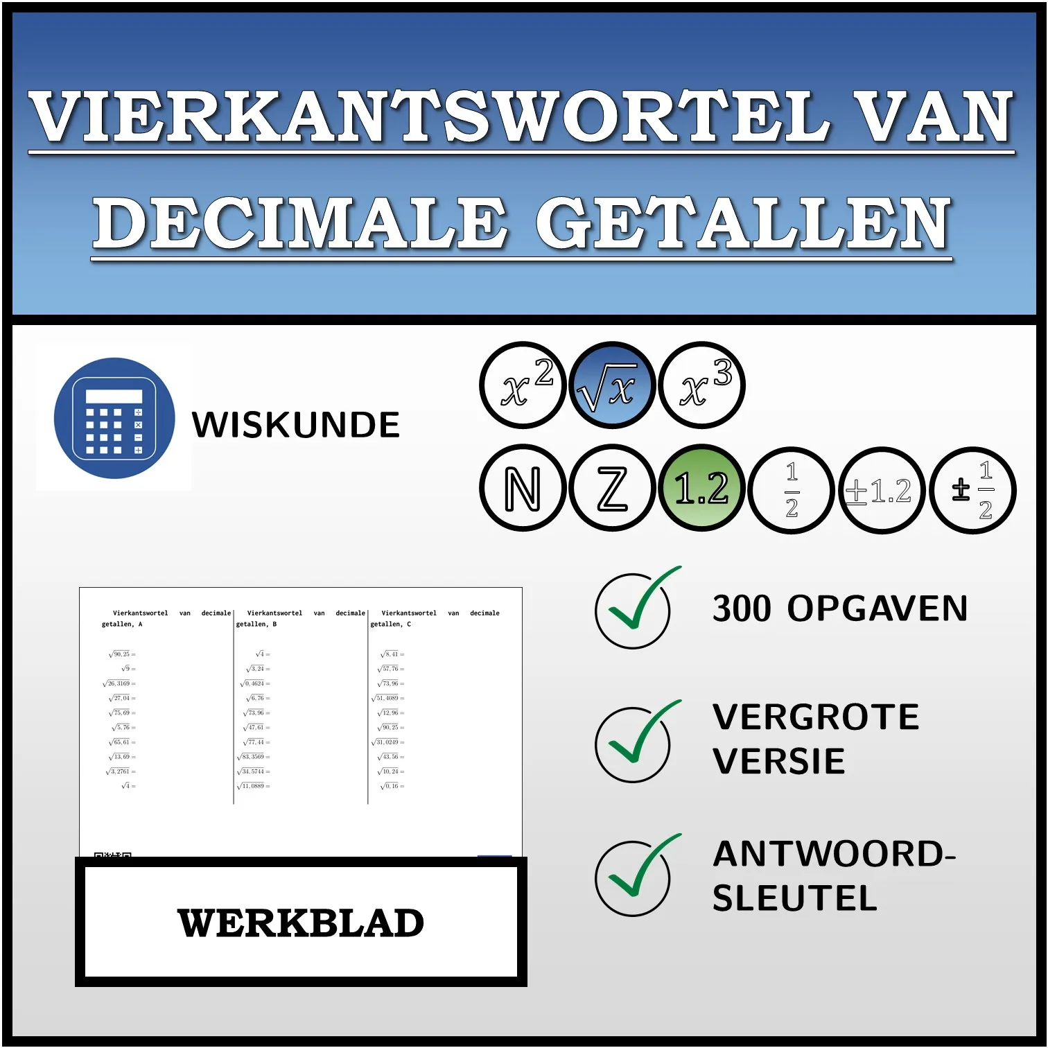 Werkblad: Vierkantswortel van decimale getallen