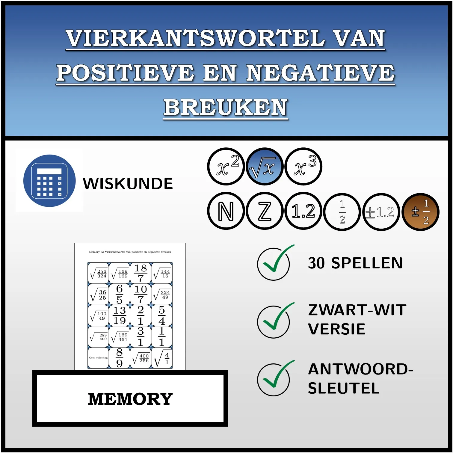 Memory: Vierkantswortel van positieve en negatieve breuken