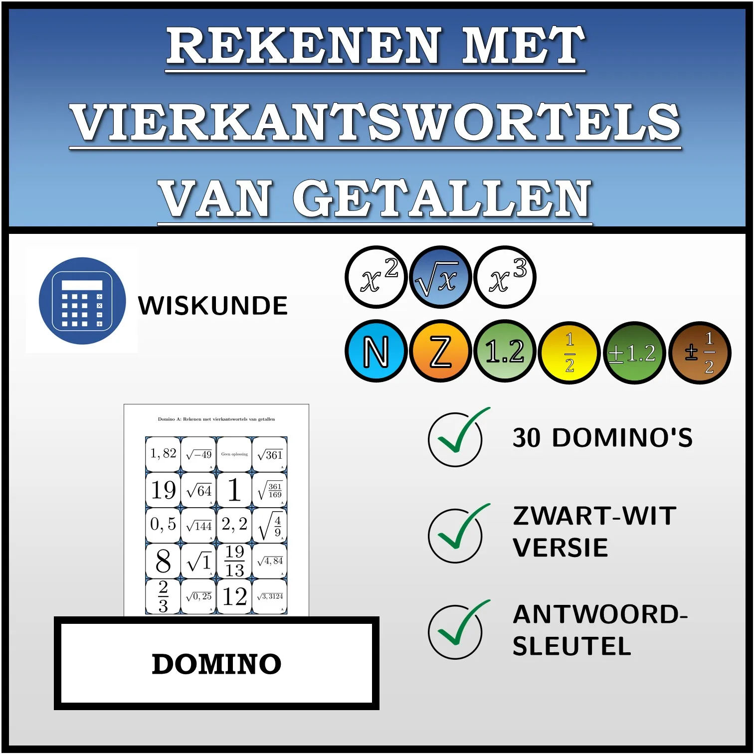 Domino: Rekenen met vierkantswortels van getallen
