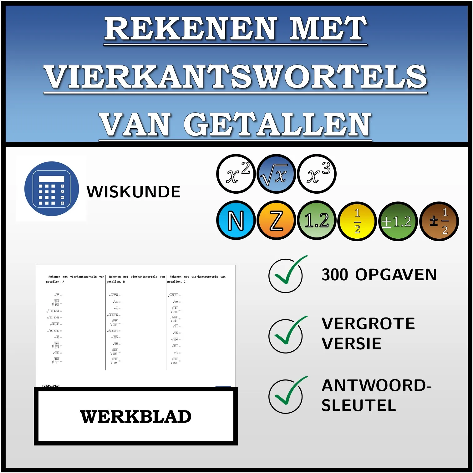 Werkblad: Rekenen met vierkantswortels van getallen