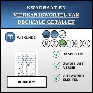 Memory: Kwadraat en vierkantswortel van decimale getallen