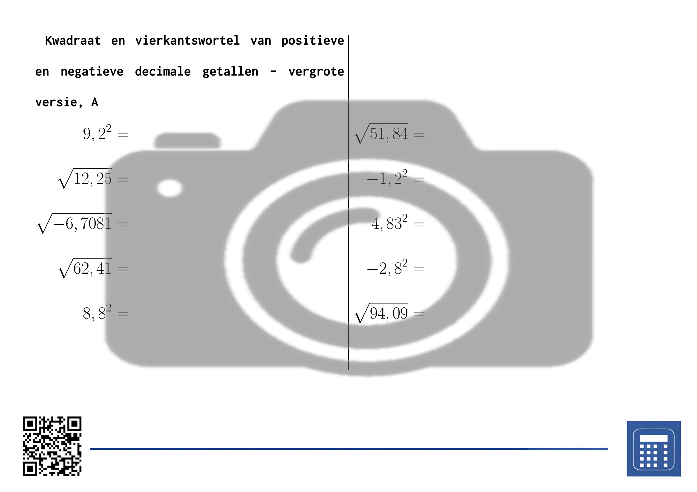 Werkblad: Kwadraat en vierkantswortel van positieve en negatieve decimale getallen - Afbeelding 3