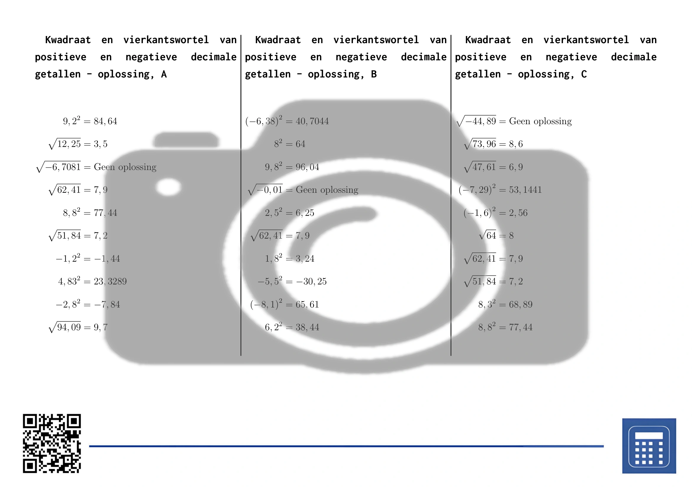 Werkblad: Kwadraat en vierkantswortel van positieve en negatieve decimale getallen - Afbeelding 4